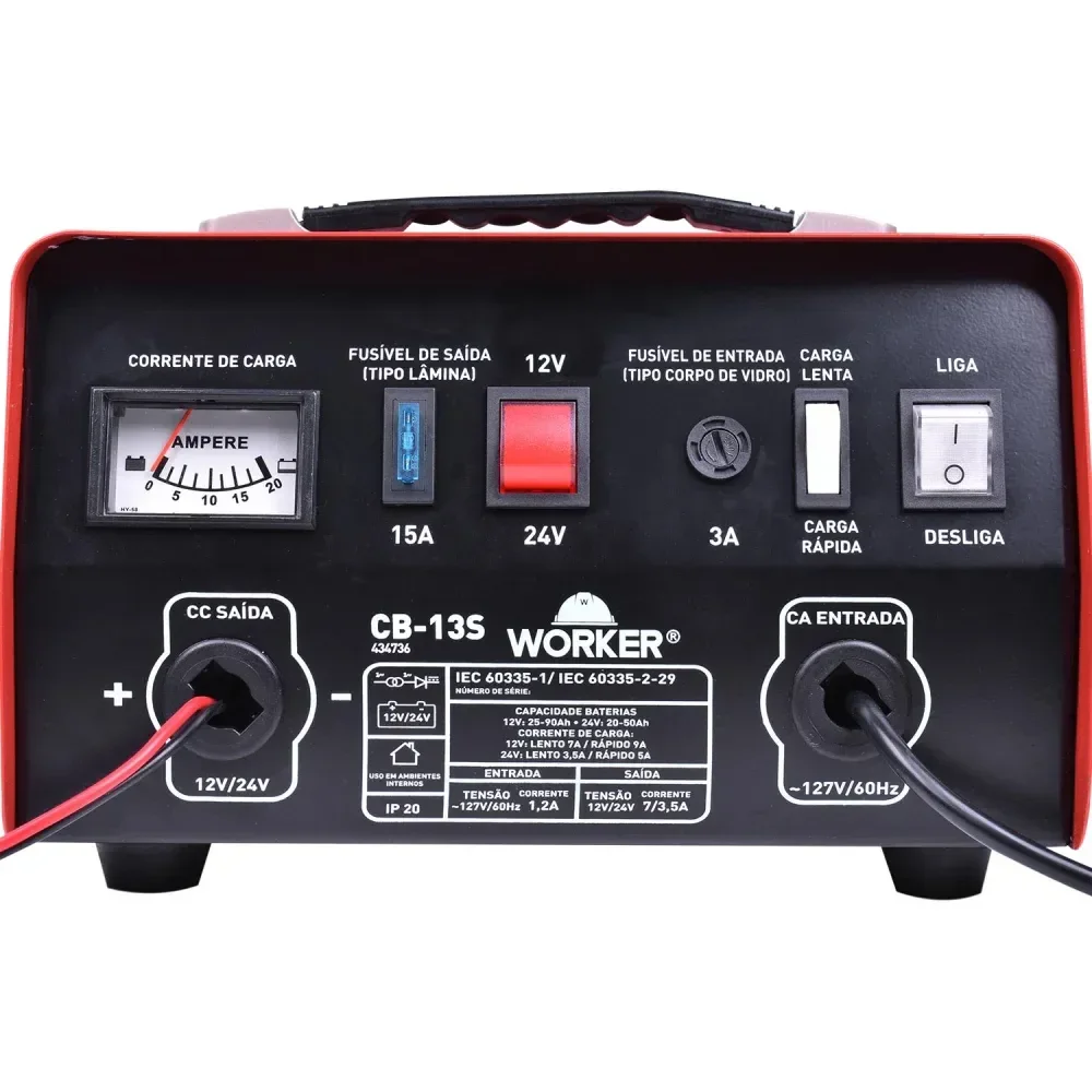 Carregador De Bateria Vermelho E Preto Cb13S 127V Worker - Imagem 3