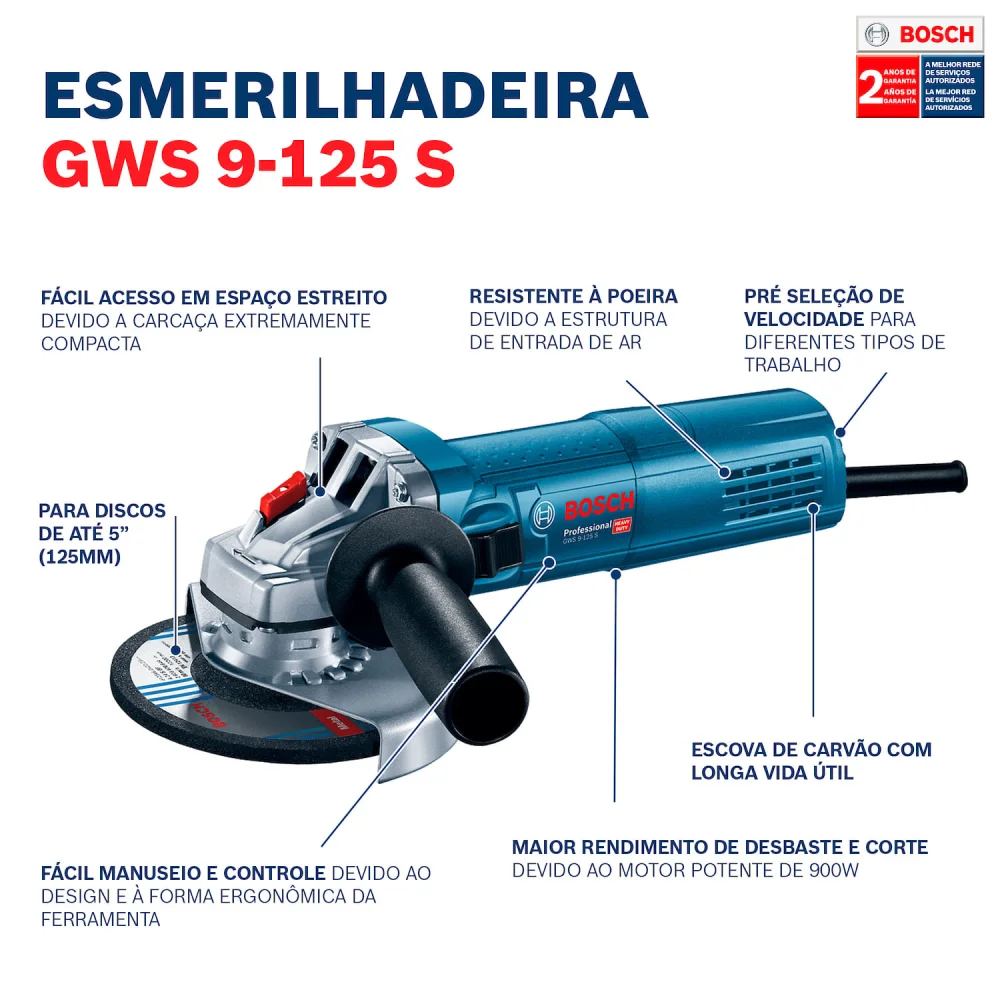 Esmerilhadeira Angular Gws 9-125S 5 900W Bosch - Imagem 7