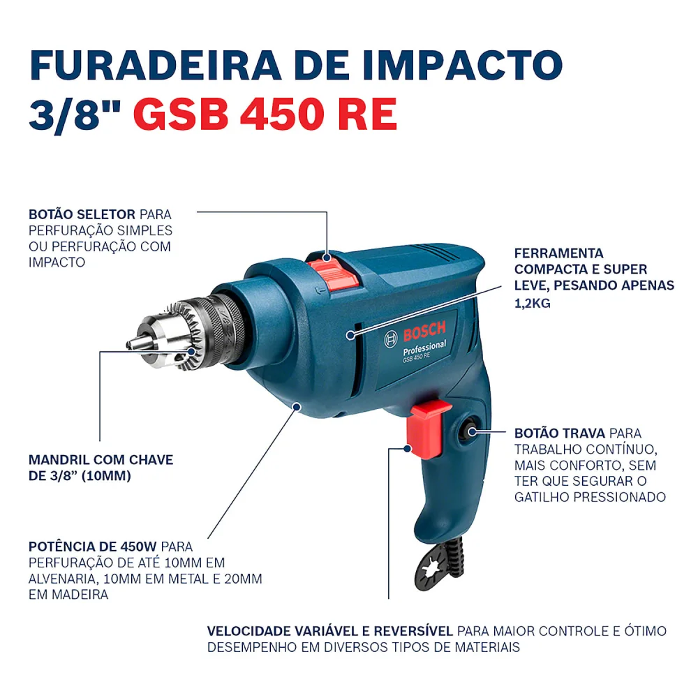 Furadeira De Impacto 3/8 450W Gsb450Re 127V Bosch - Imagem 5