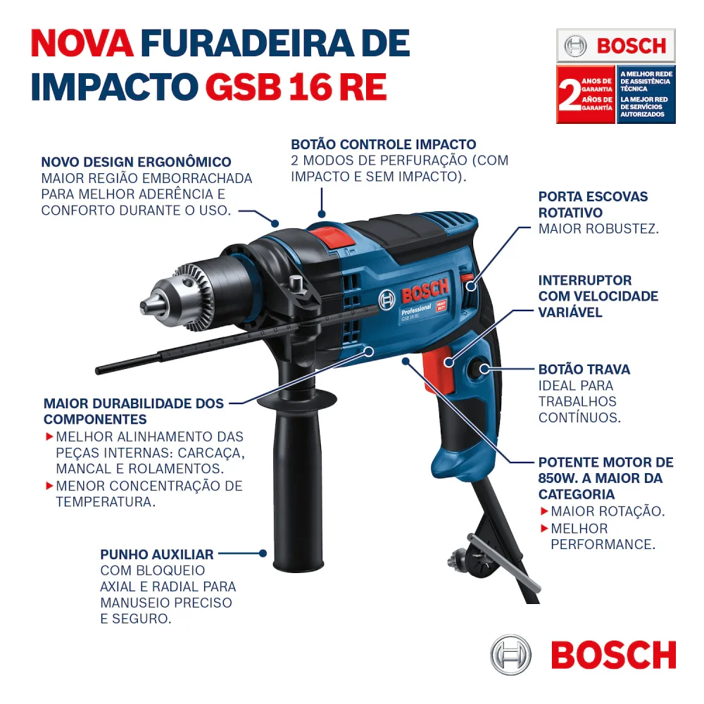 Furadeira De Impacto Gsb 16 Re 1/2 850W Bosch - Imagem 8