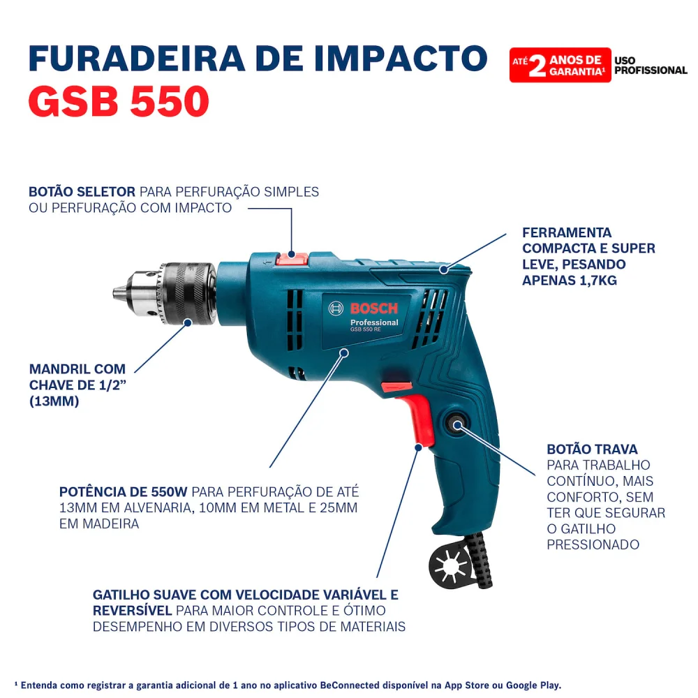 Furadeira Impacto 1/2 550W 14 Acessórios Gsb550 Bosch 127V - Imagem 5