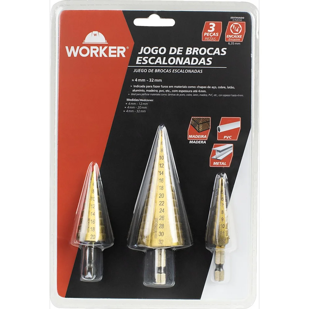 Jogo De Brocas Escalonadas 4-32Mm 3 Peç Worker - Imagem 4