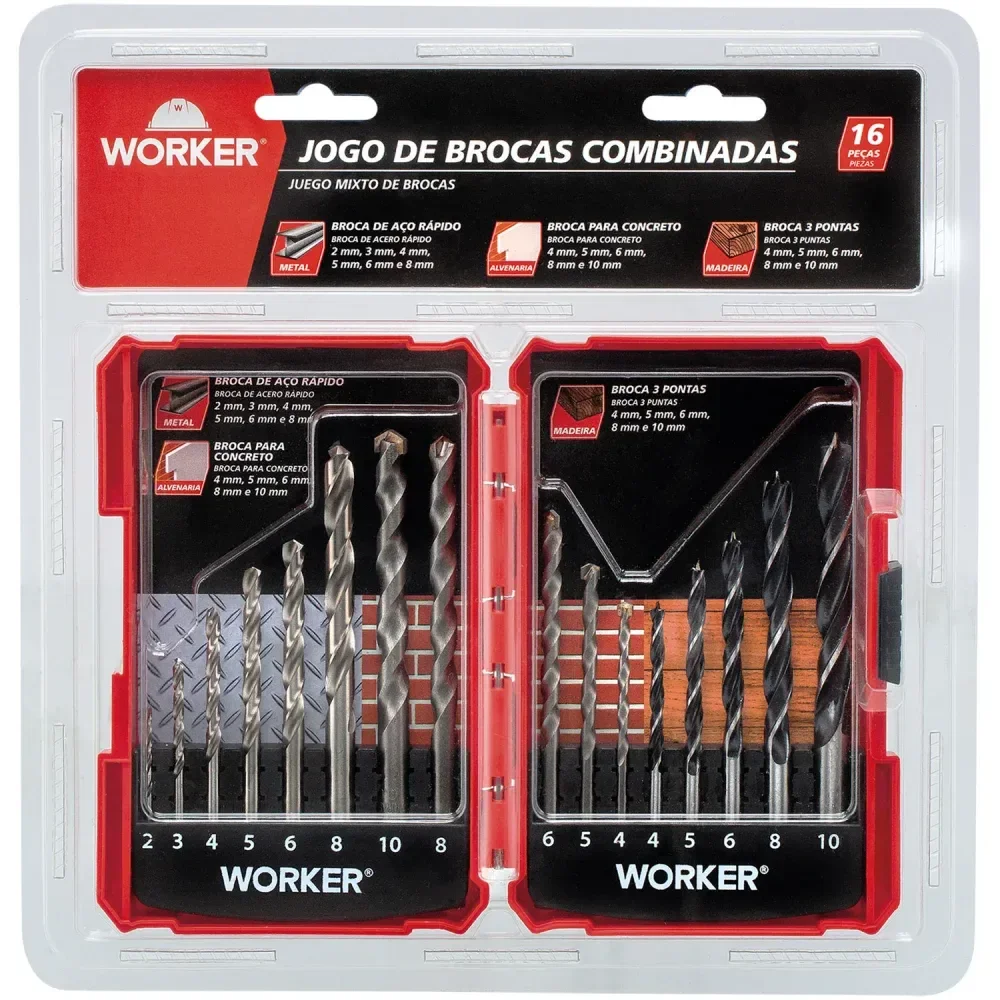 Kit De Brocas Combinadas Para Madeira E Concreto 16 Peç Worker - Imagem 2