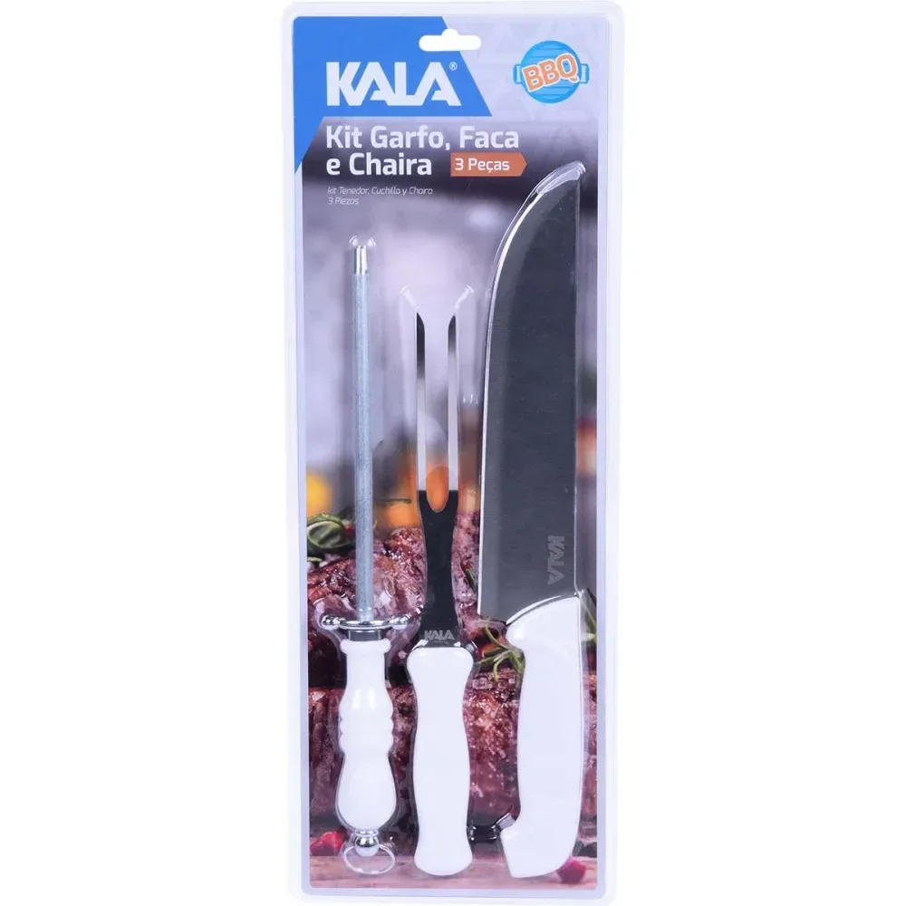 Kit Faca Garfo E Chaira Em Aço Inox Com Cabo Pp 3 Peç Kala - Imagem 2