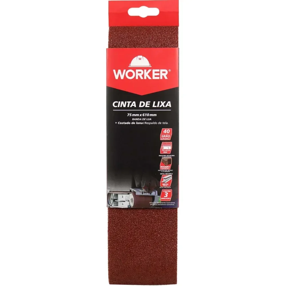 Lixa Cinta 75 X 610Mm Grão 40 Costado De Lona 3 Peç Worker - Imagem 2