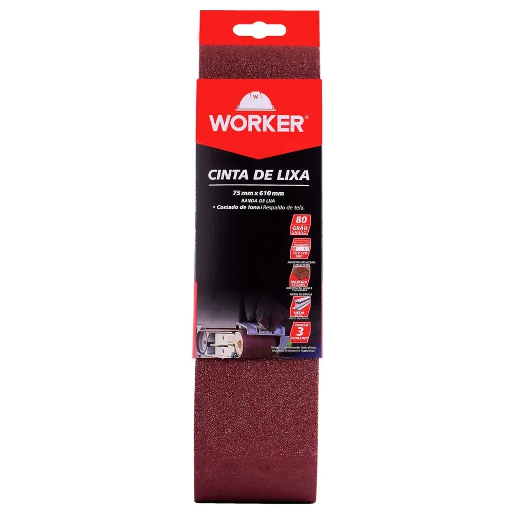 Lixa Cinta 75 X 610Mm Grão 80 Costado De Lona 3 Peç Worker - Imagem 2