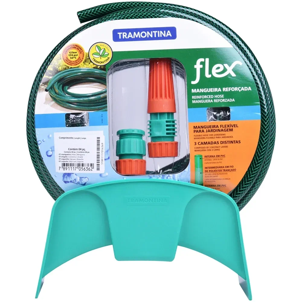 Mangueira Flex Em Pvc 3 Camadas 20M Verde Com Suporte Mural Tramontina - Imagem 2