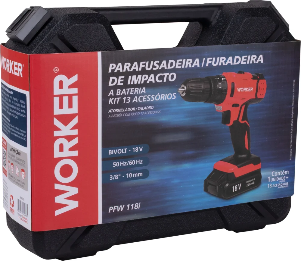 Parafusadeira 18V Impacto 1 Bat 13Pcs Worker - Imagem 10
