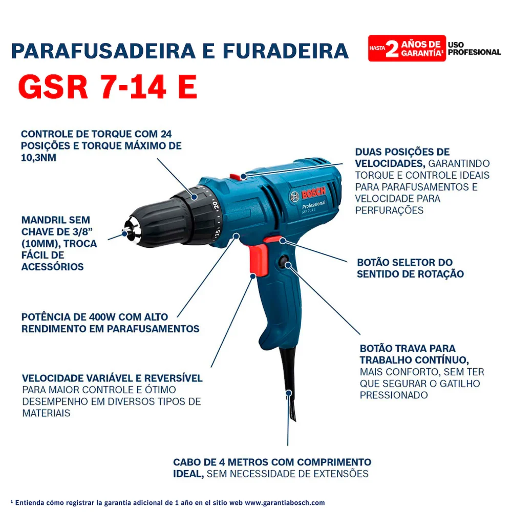 Parafusadeira Furadeira Elétrica Gsr7-14E 400W 127V Bosch - Imagem 4