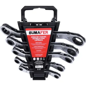 Jogo de Chaves Estrelas com Catraca em Aço 5 Peç Bumafer