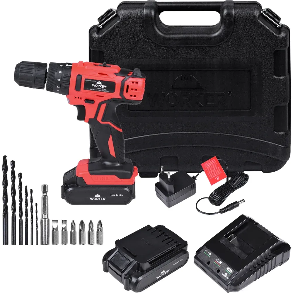 Furadeira Parafusadeira Bateria 17 Peç Bivolt Worker Oferta